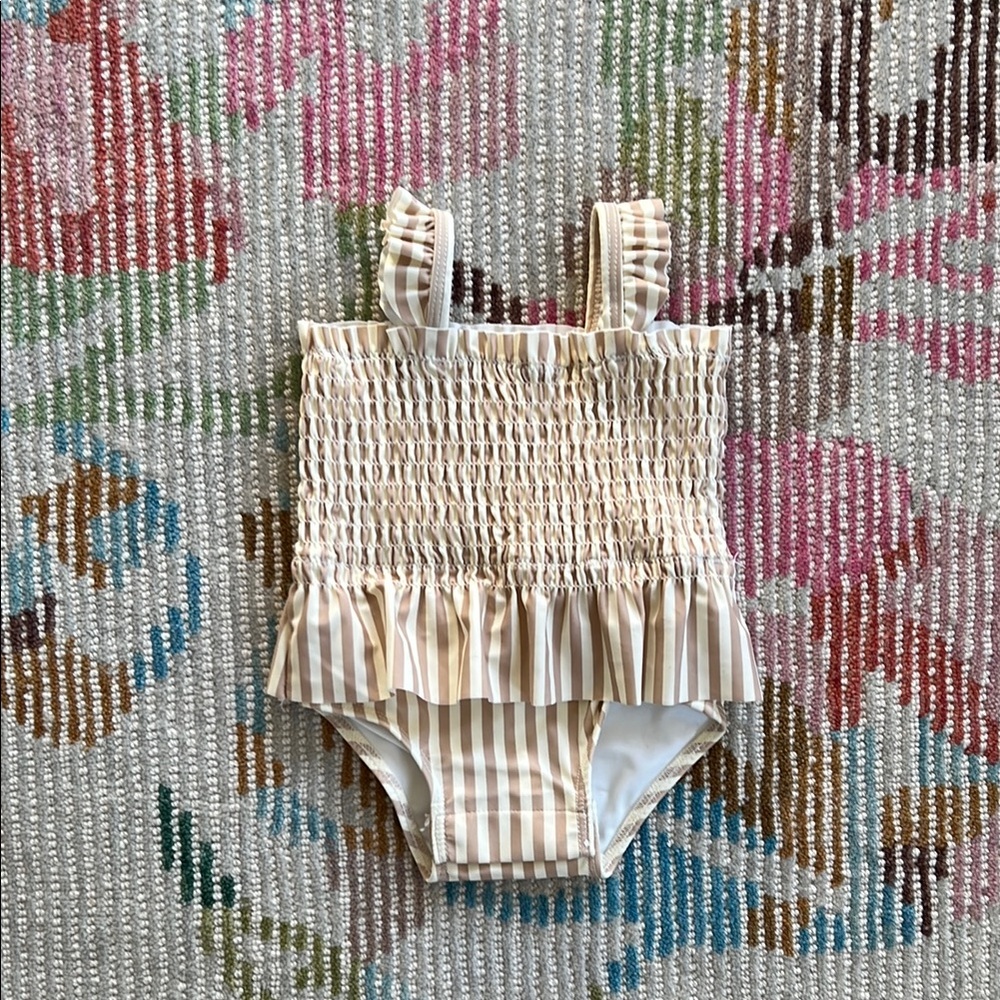 Quincy Mae Striped Beige Baby Swimsuit 3-6 months NWT